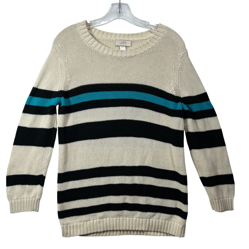 Ann Taylor Loft Womens Large Cream Black Teal Striped Shaker Knit Cotton Sweater